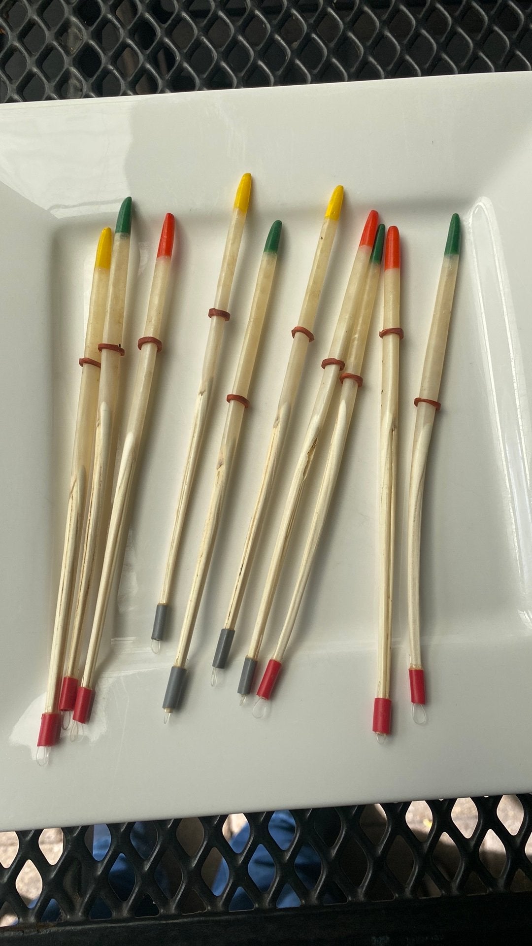Vintage dobbers van vogel pennen 10 stuks, Ophalen, Zo goed als nieuw, Dobber of Lood