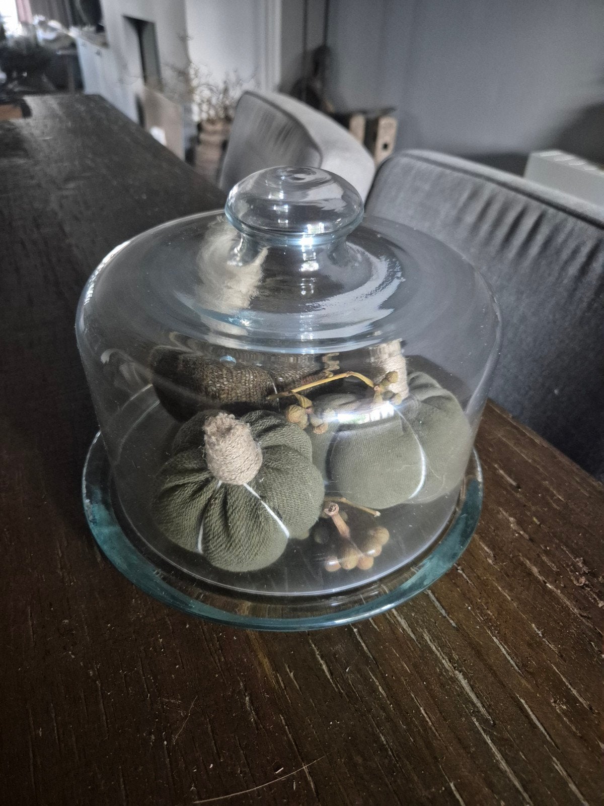 Glazen stolp met 3 handgemaakte pompoenen (nieuw), Ophalen of Verzenden, Nieuw, Groen, Glas