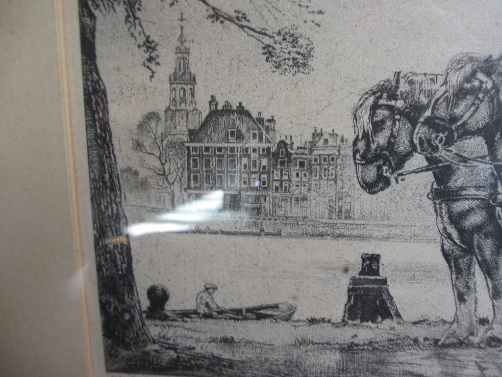 Willem Gerard Hofker ets Bierwagen langs de Amstel, Antiek en Kunst, Kunst | Etsen en Gravures, Origineel, Stadsgezicht, Ophalen of Verzenden