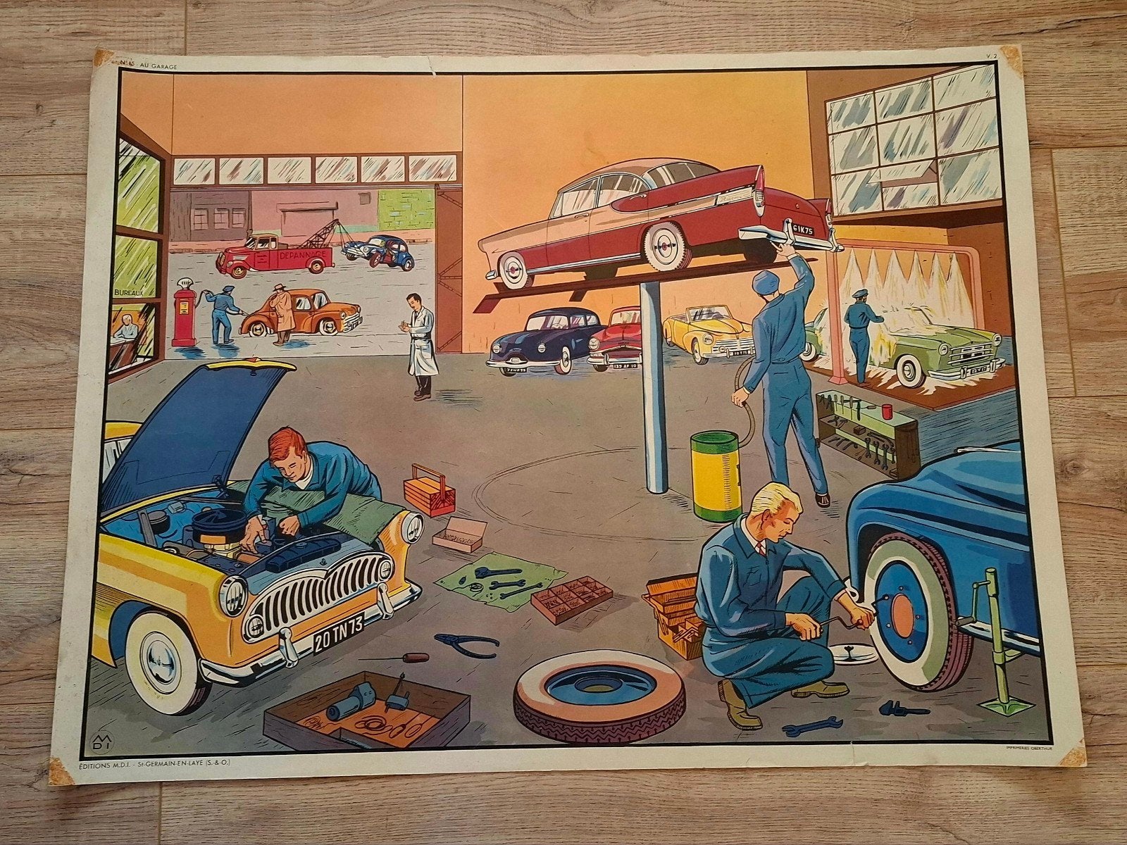 Vintage schoolplaat: Garage en Slagerij (dubbelzijdig), Ophalen, Huis en Tuin