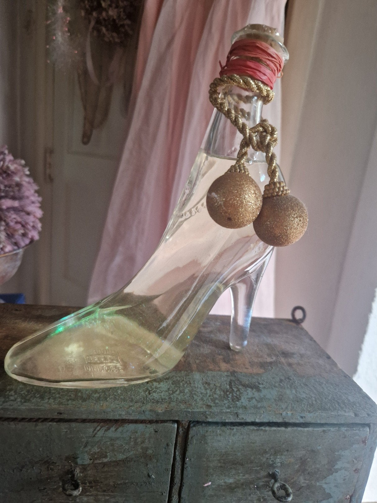 Glazen Muiltje Flesje met Decoratie, Antiek en Kunst, Ophalen of Verzenden