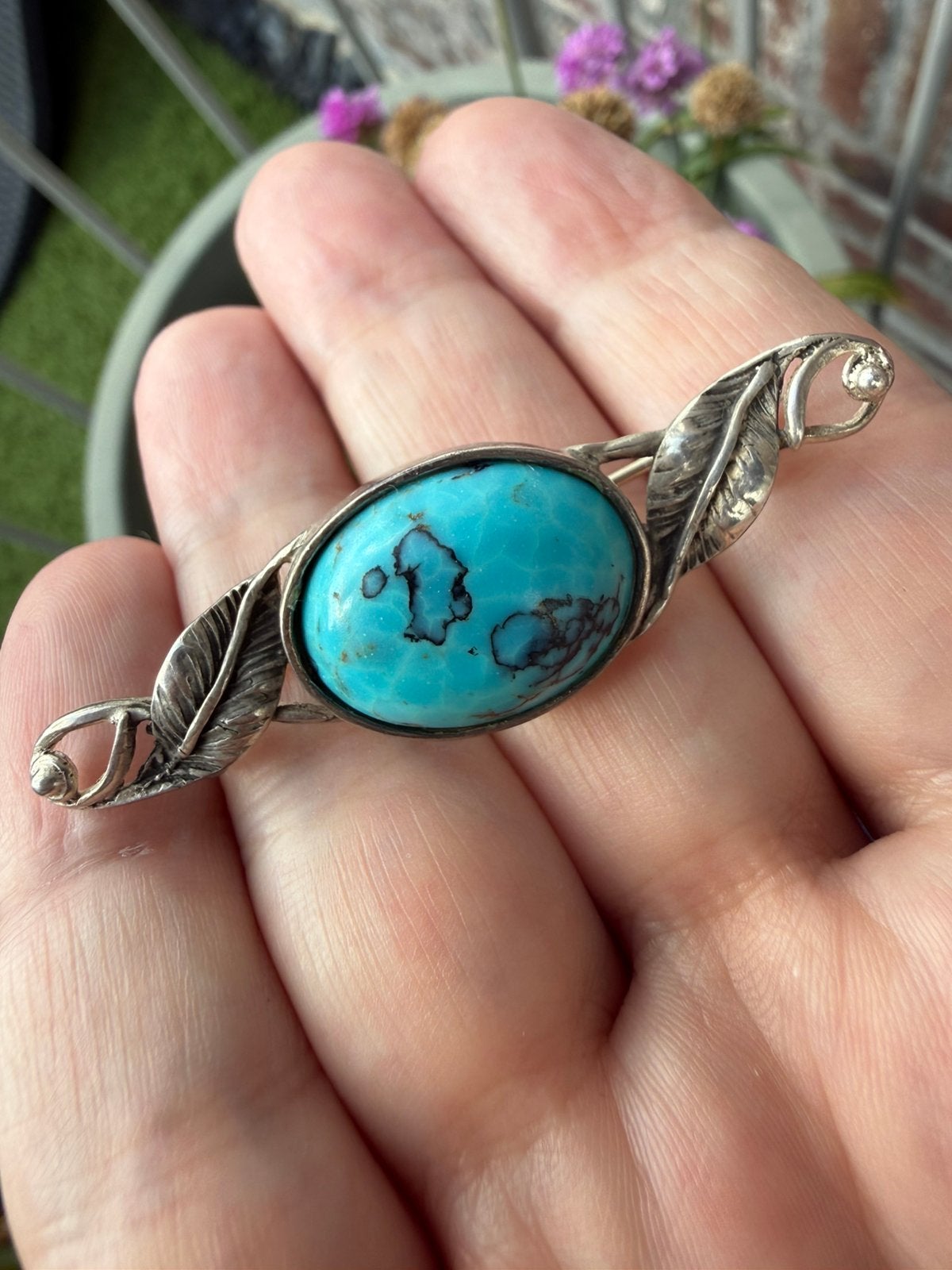 R374/Zilveren ( NAVAJO) Broche met Turkooizen Steen, 4 tot 7 cm, Gebruikt, Verzenden, X