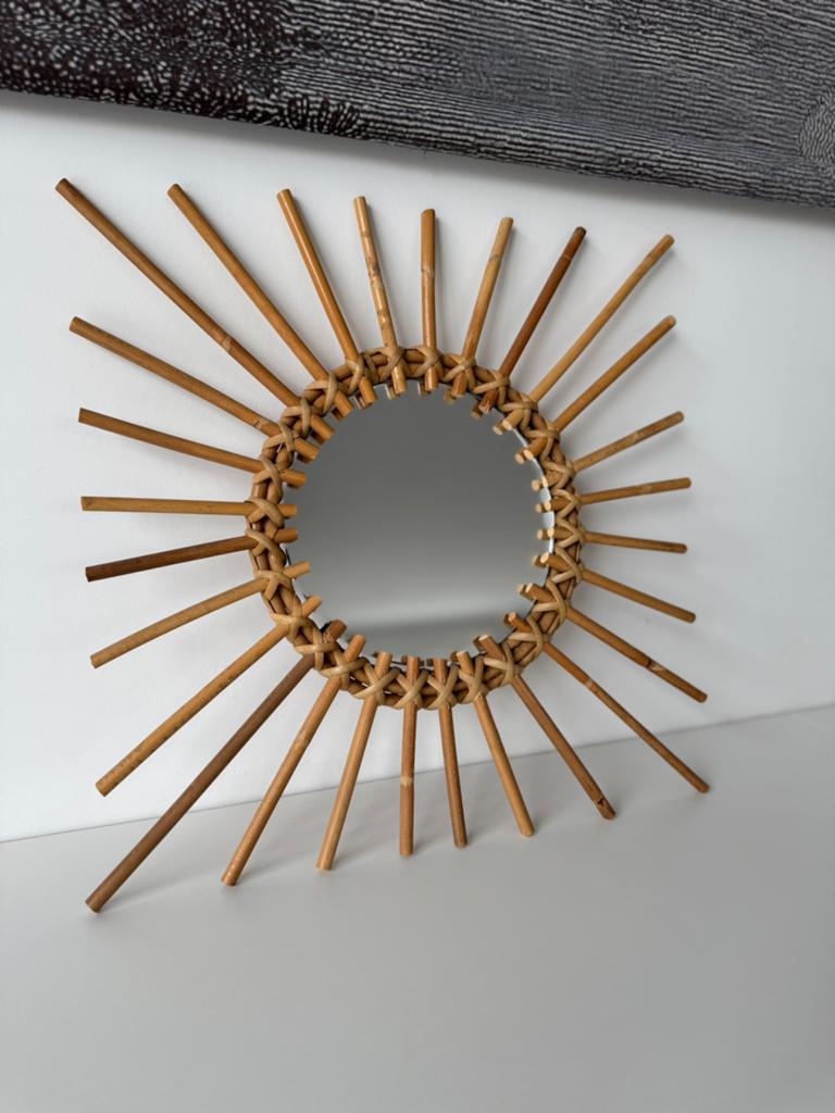 HK Living Spiegel Rotan Rond Vierkant Zon Hout, Huis en Inrichting, Woonaccessoires | Spiegels, Ophalen, Minder dan 50 cm, Vierkant
