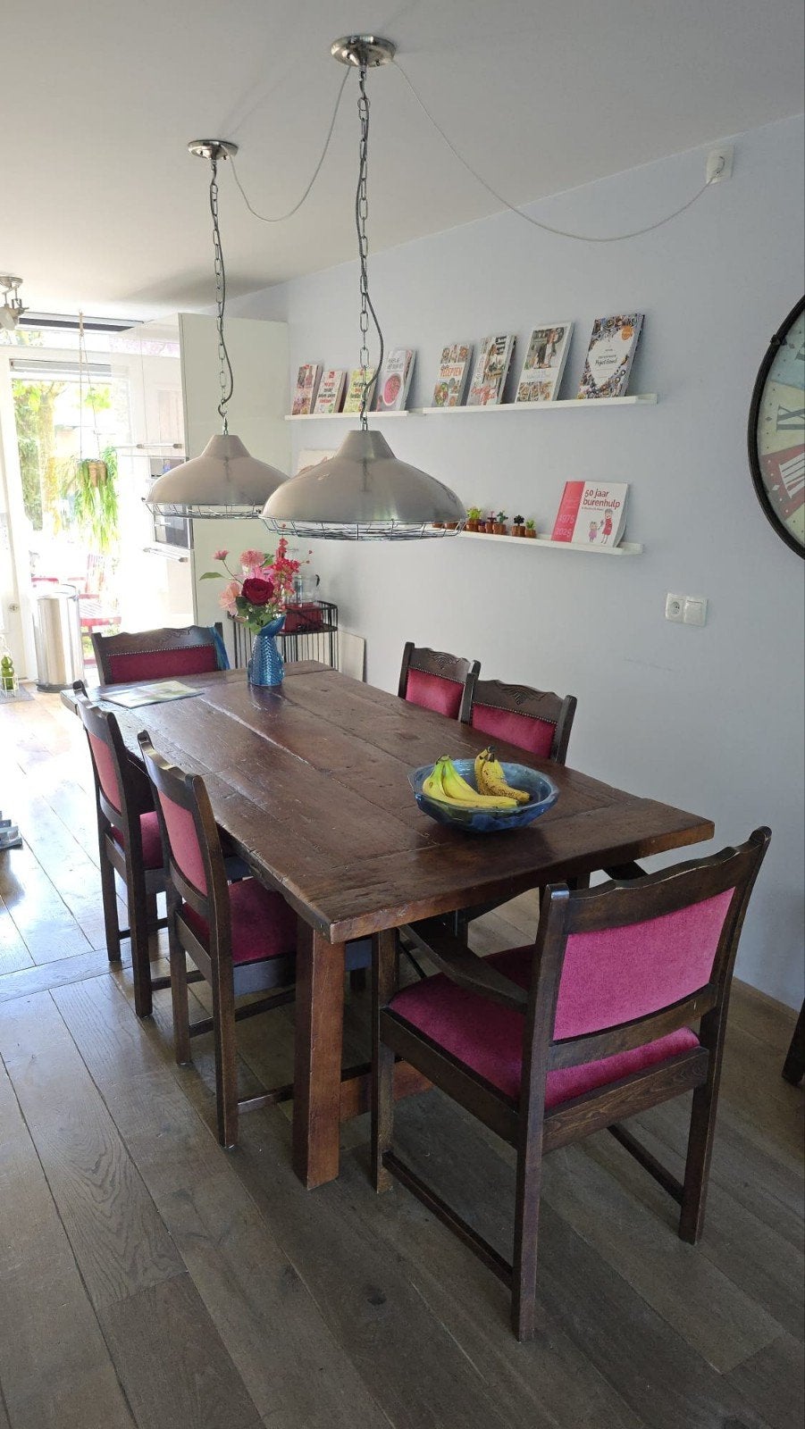 Robuuste houten eettafel met 6 stoelen, Huis en Inrichting, Tafels | Eettafels, Ophalen, Gebruikt, 100 tot 150 cm, 200 cm of meer