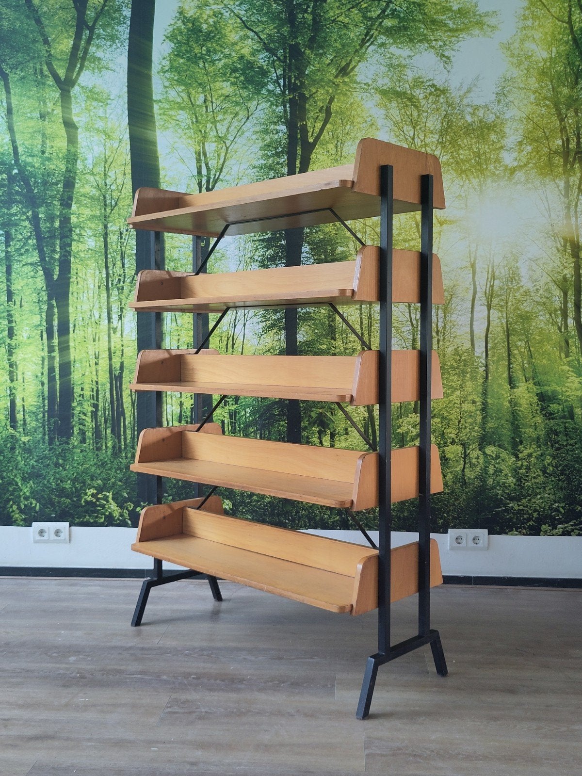 Vintage houten boekenkast roomdivider bibliotheek kast hout, Met plank(en), Gebruikt, 100 tot 150 cm, Mid century modern