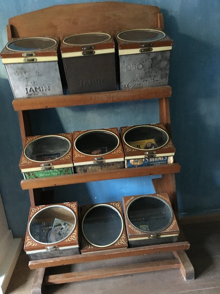 Unieke vintage winkelstellage met 9 blikken, Ophalen, Gebruikt, Overige