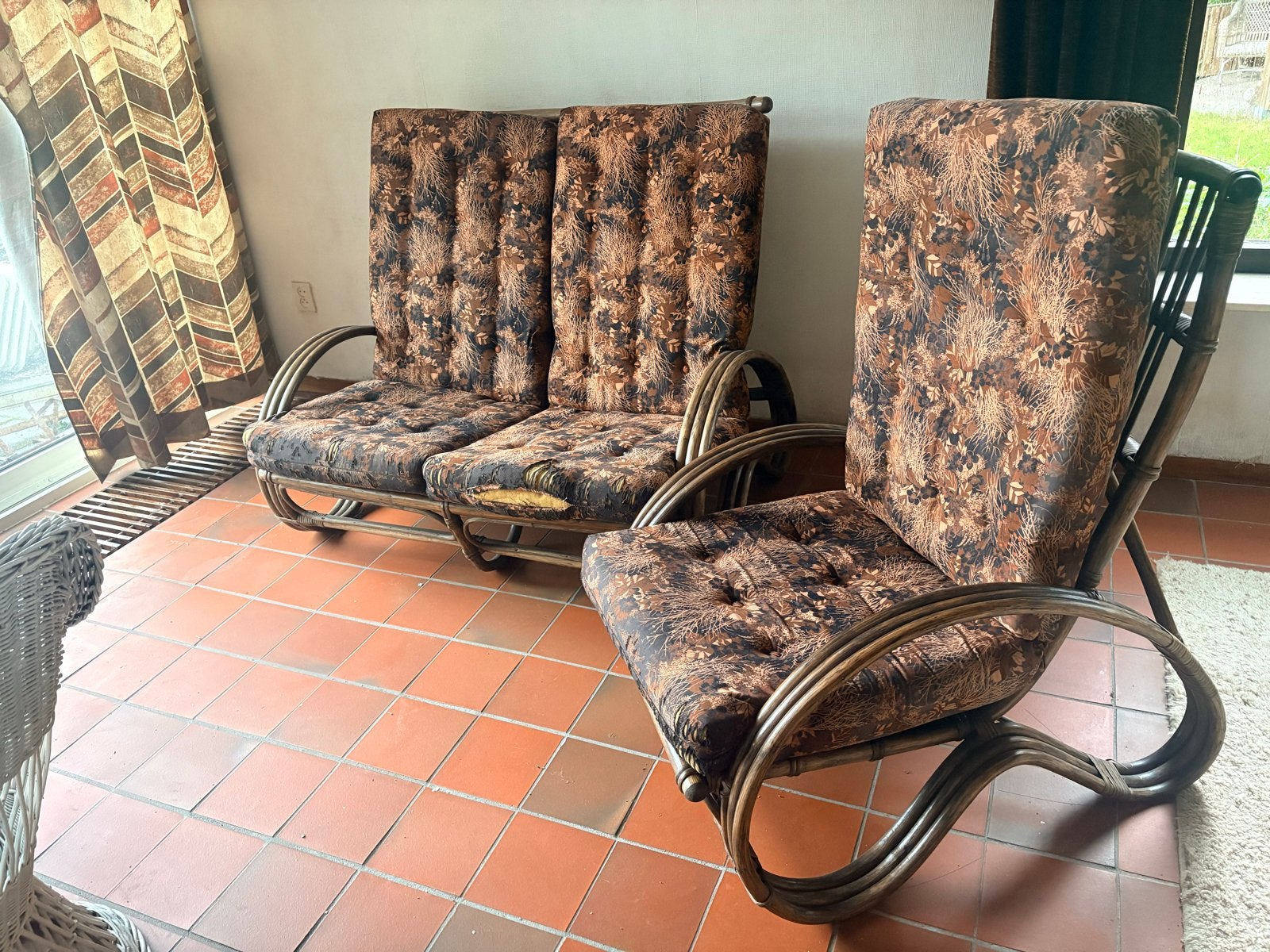 Vintage rotan zitmeubelset - kussens opnieuw bekleden, Gebruikt, No, 150 tot 200 cm, Vintage