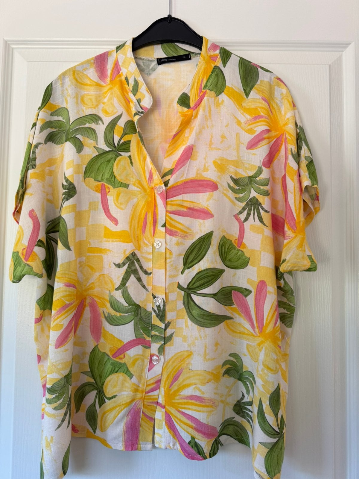 Fos Amsterdam - fleurige gele blouse / shirt - XL - zgan, Ophalen of Verzenden, Zo goed als nieuw, Maat 42/44 (L), Geel