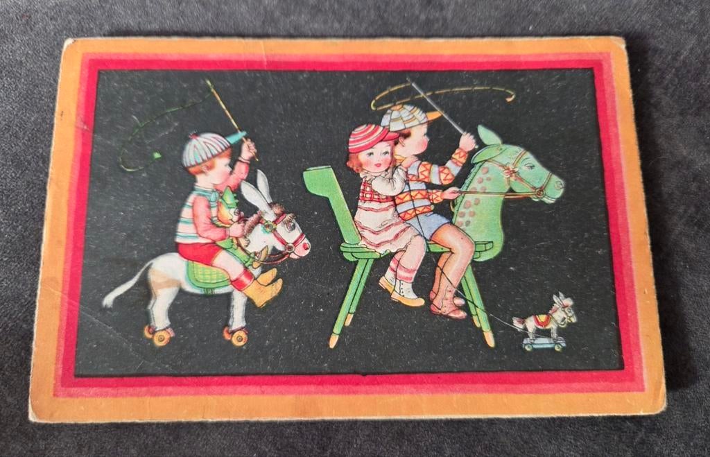 Kinderen spelen op hobbelpaard, Verzenden, Voor 1920, Gelopen, Kinderen