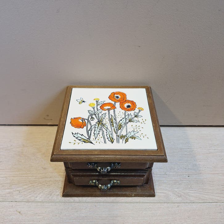 Vintage Houten Sieradenkistje / Juwelenkistje met Bloemen