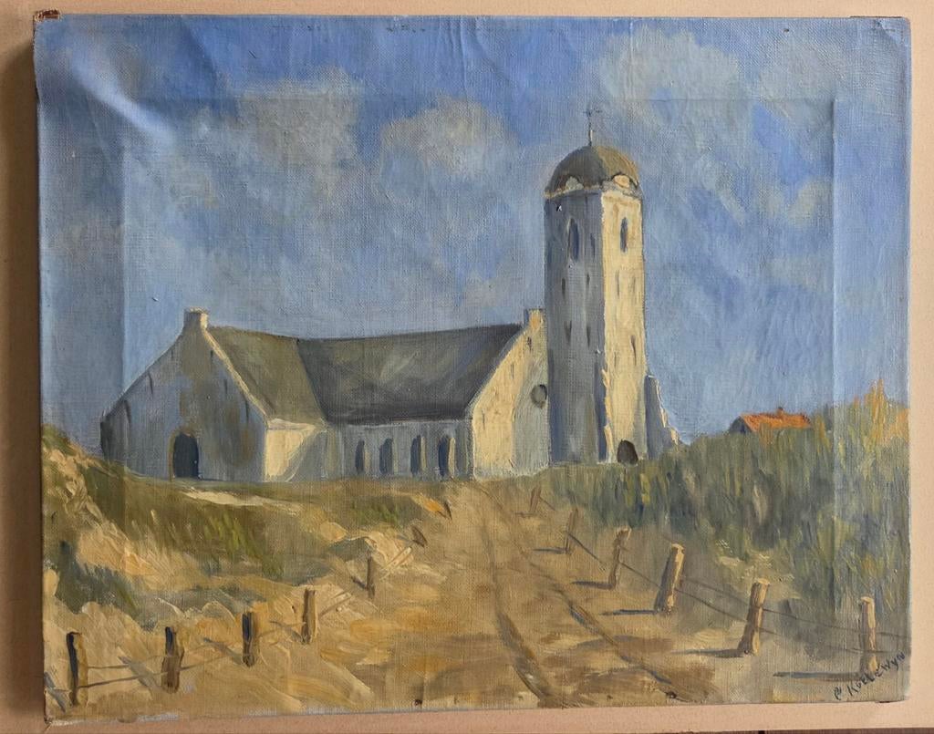 Kerk bij Katwijk aan Zee. Olieverf doek., Ophalen of Verzenden