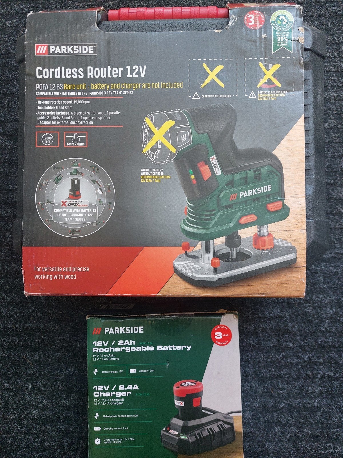 Parkside 12v accu bovenfrees machine met accu en lader, Ophalen, Accu, Nieuw, Parkside