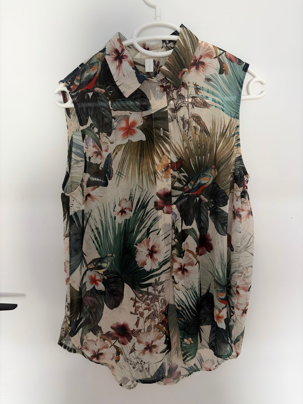 H&M mouwloze blouse met tropische print, maat 36 (S), Meerkleurig, Ophalen of Verzenden, Zo goed als nieuw, Maat 36 (S)