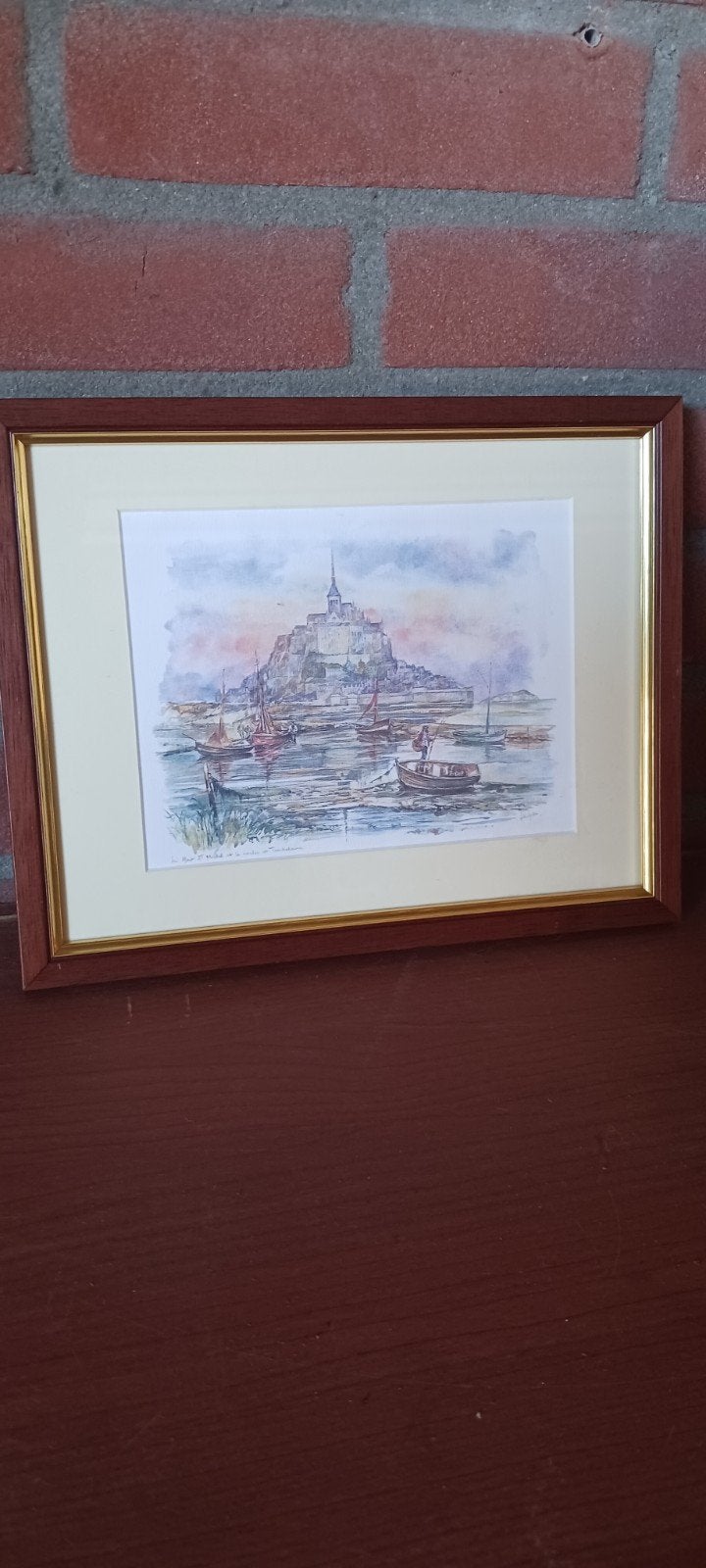 Ingelijste aquarel van Mont Saint-Michel, Antiek en Kunst, Kunst | Tekeningen en Foto's, Ophalen of Verzenden, Schilderij, Aquarel