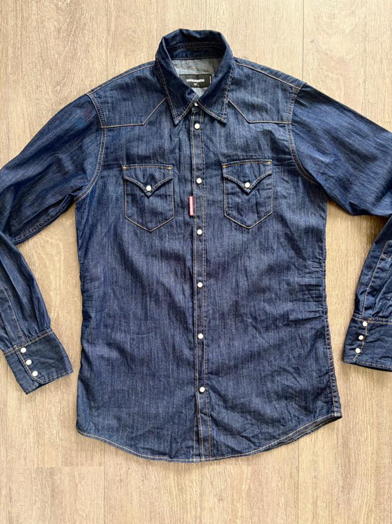 Dsquared2 denim overhemd heren marineblauw, Ophalen of Verzenden, Zo goed als nieuw, Blauw, Halswijdte 41/42 (L)