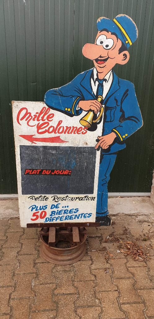 Leuk oud reclame bord op voet., Antiek en Kunst, Ophalen