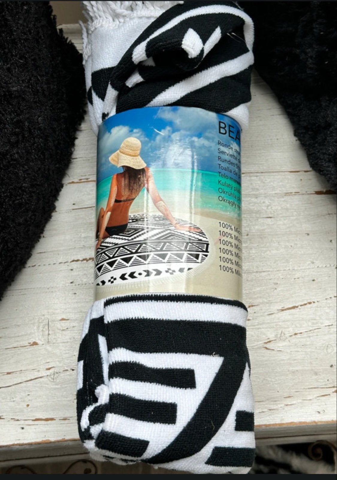Stijlvolle Zwart/Witte Ronde Strandhanddoek - Microfiber, Ophalen of Verzenden, Nieuw