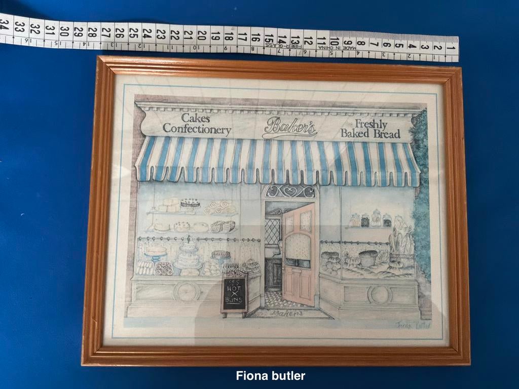 Vintage Fiona Butler Bakkerij Prent in Houten Lijst Jaren 90, Ophalen