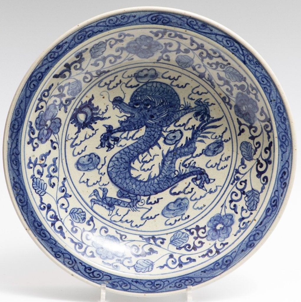 Antiek grote blauw-wit draak bord 39 cm, Ophalen