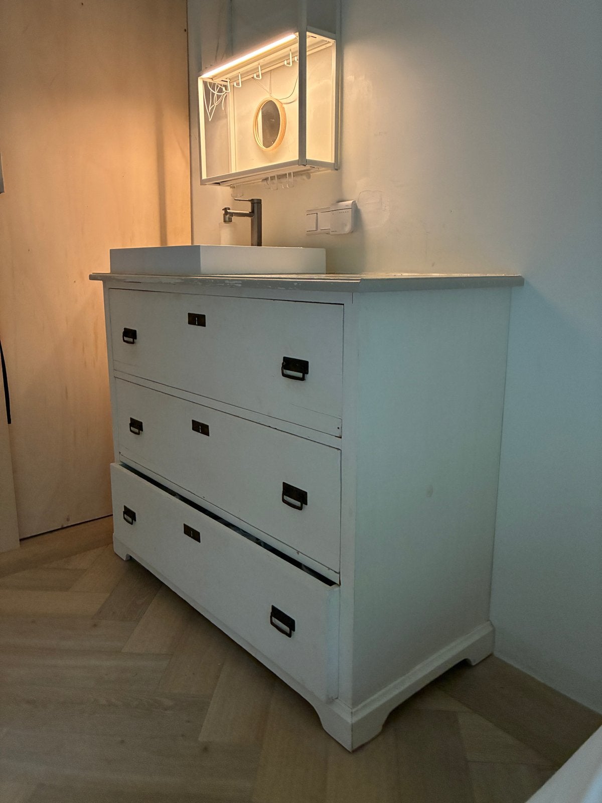 Wastafelkast met moderne wasbak - Wit, 3 lades, Ophalen, Gebruikt, 100 tot 150 cm, 100 tot 150 cm