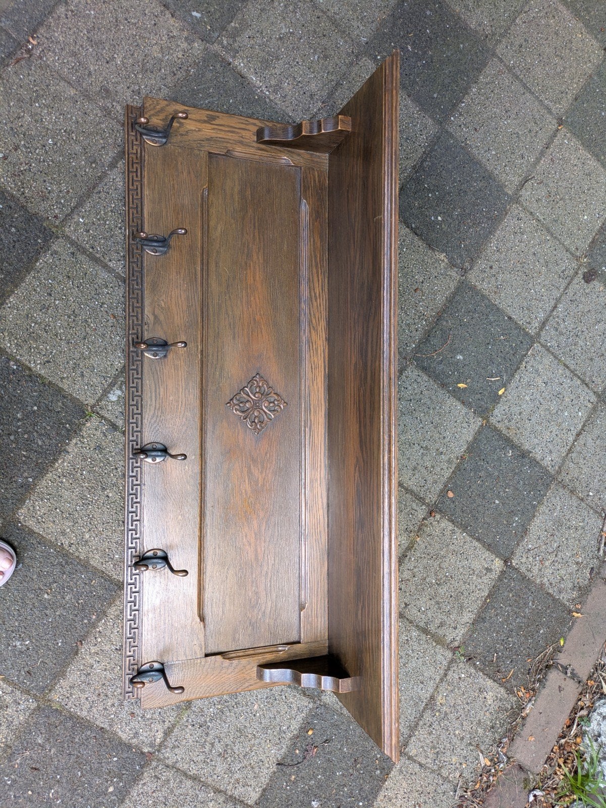 Antieke houten wandkapstok met sierlijke haken, Gebruikt, 100 tot 150 cm, Hout, Ophalen