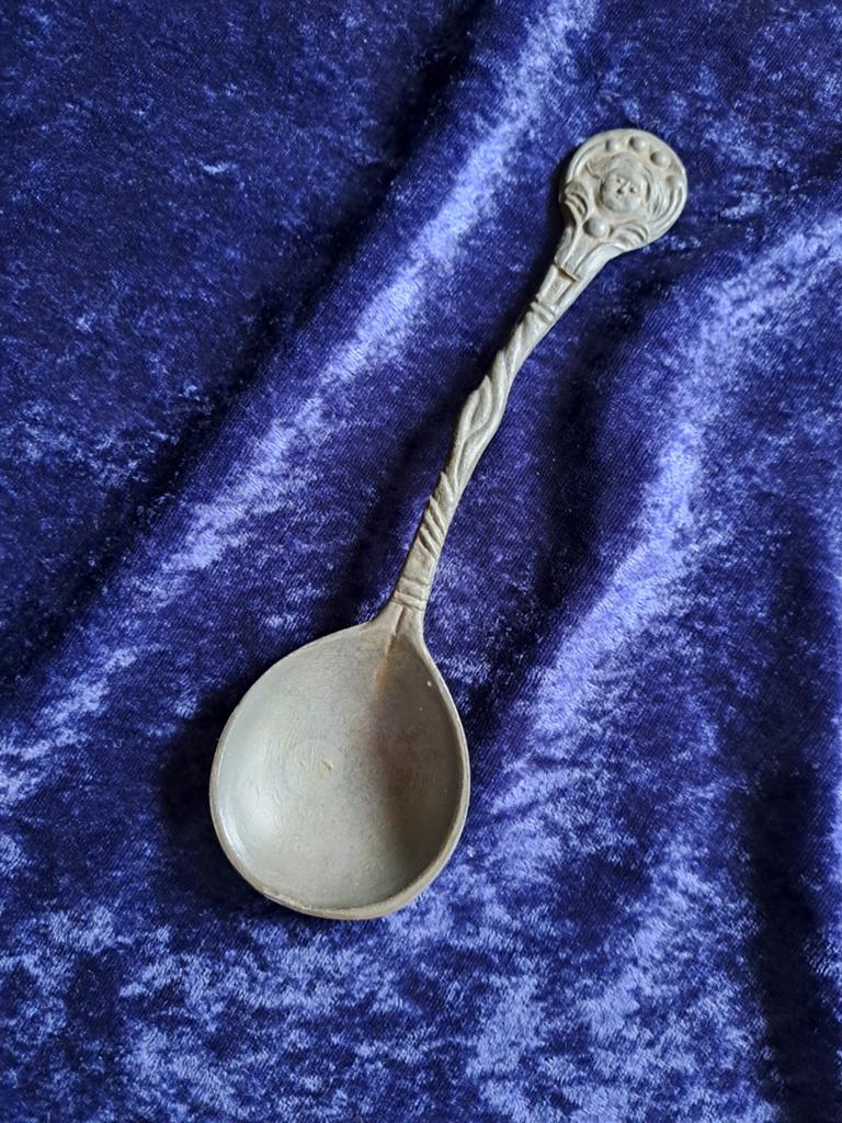 Antieke tinnen lepel met gezichtje - 13 cm, Ophalen of Verzenden