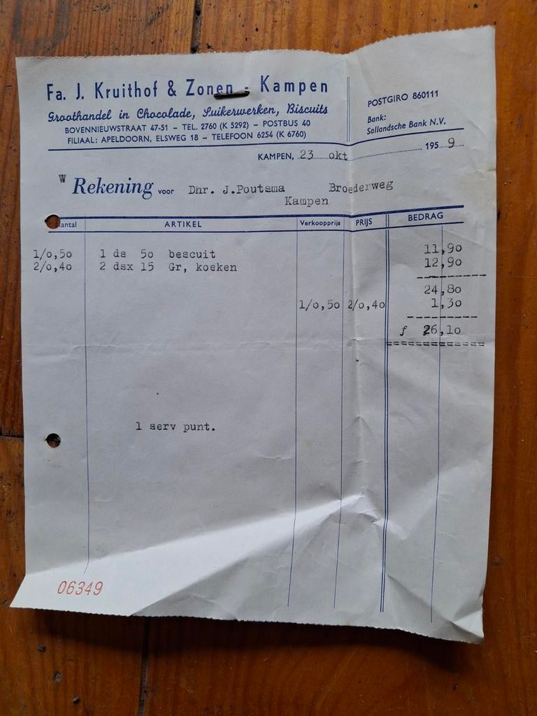 Historische Kruideniersrekening Fa. J. Kruithof & Zonen, Ophalen of Verzenden
