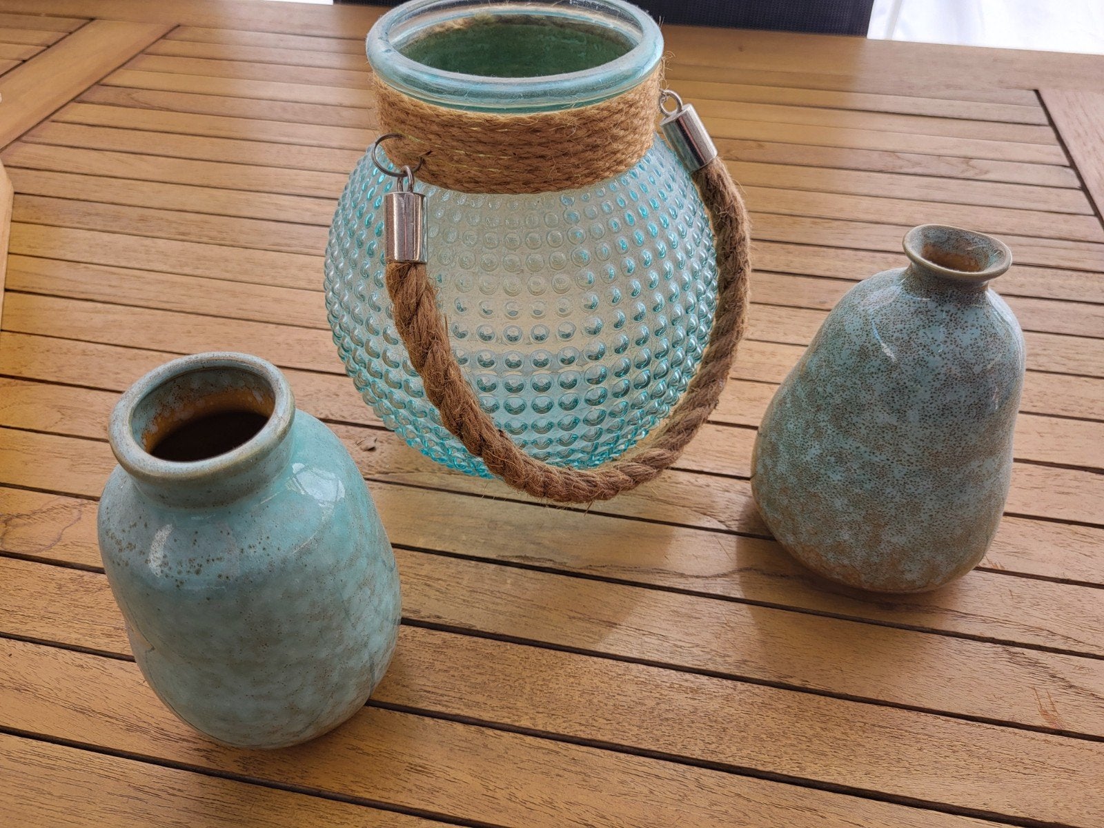 Set van 3 vazen: 2 keramiek, 1 glas met touw, Met patroon/structuur, Ophalen of Verzenden, Groen, Glas