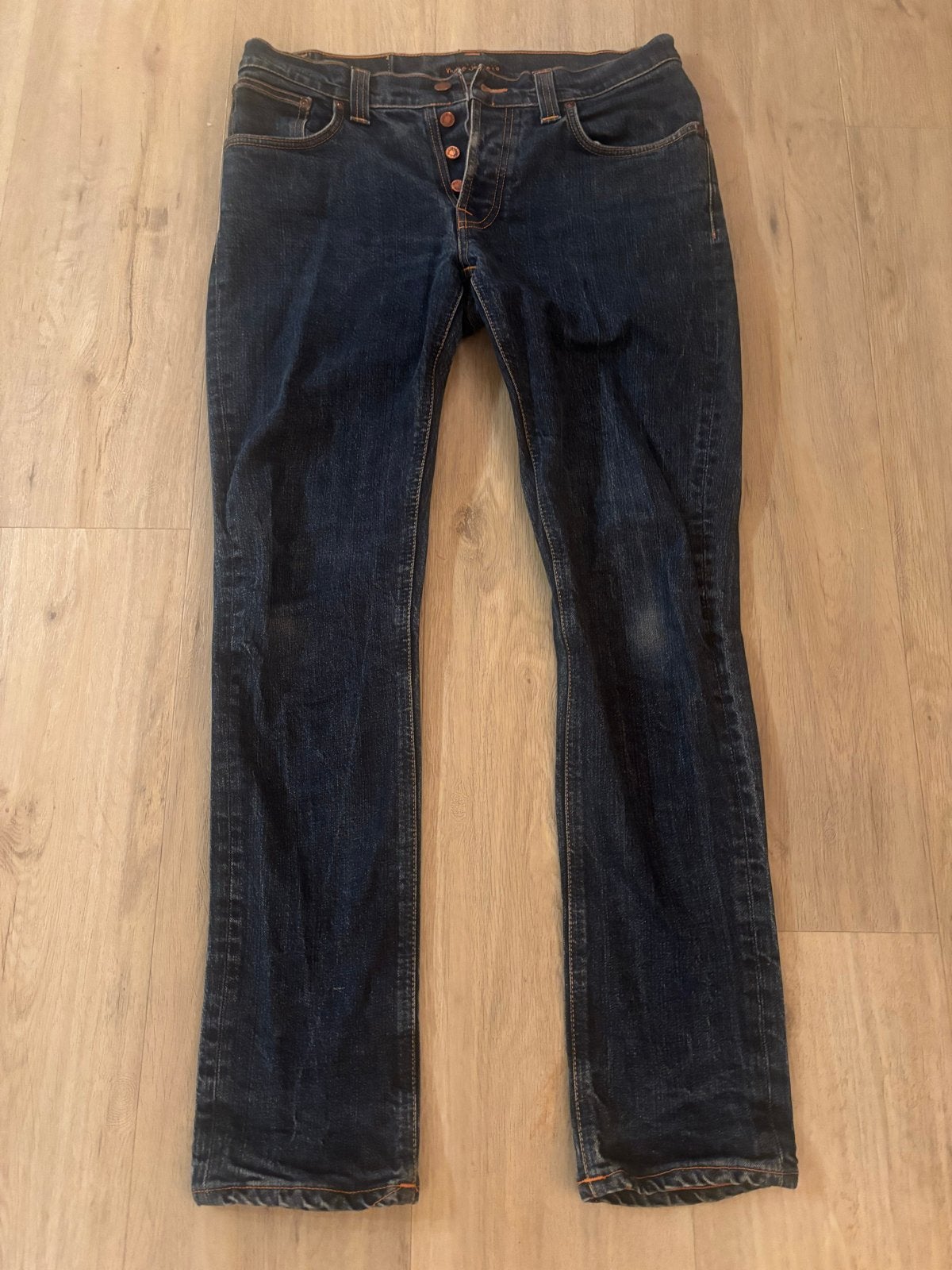 Nudie Jeans Co Grim Tim Dry Navy spijkerbroek W34 L32, Ophalen of Verzenden, Gedragen, Blauw, W33 - W34 (confectie 48/50)