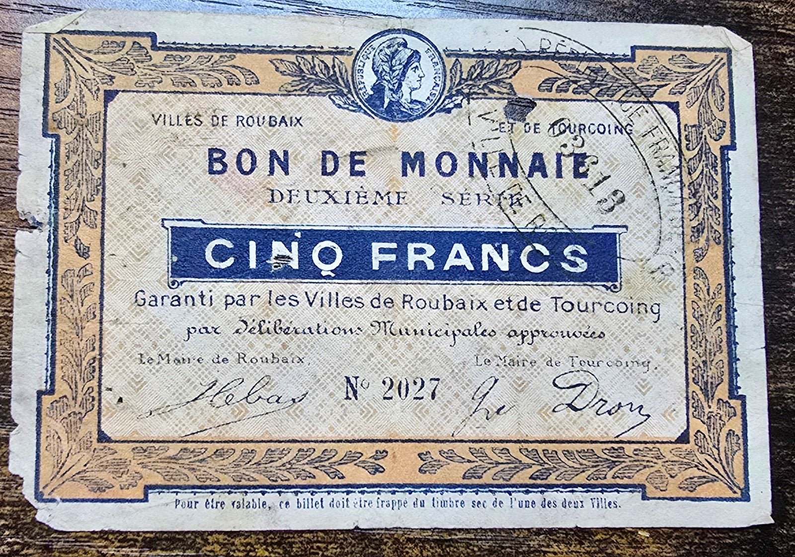 Bon de Monnaie - Vijf Francs - Roubaix & Tourcoing, Ophalen of Verzenden