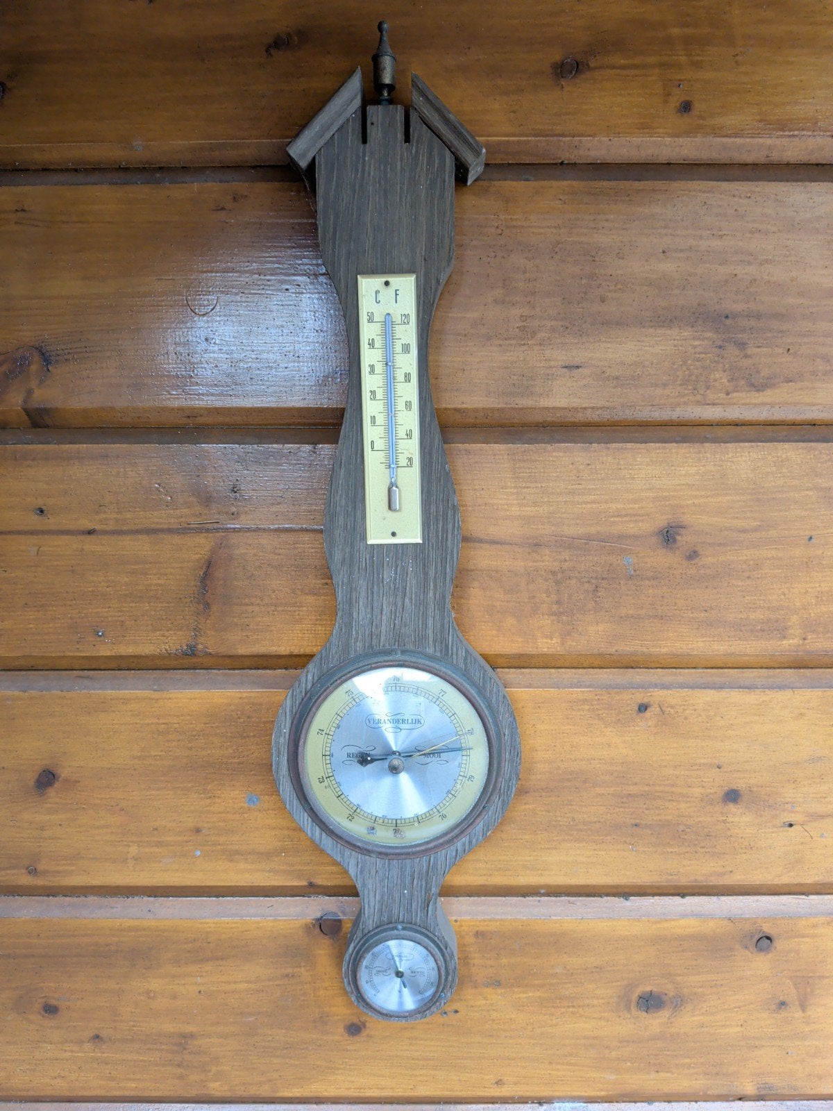 Vintage houten weerstation met barometer en thermometer, Audio, Tv en Foto, Weerstations en Barometers, Ophalen, Gebruikt, Weerstation