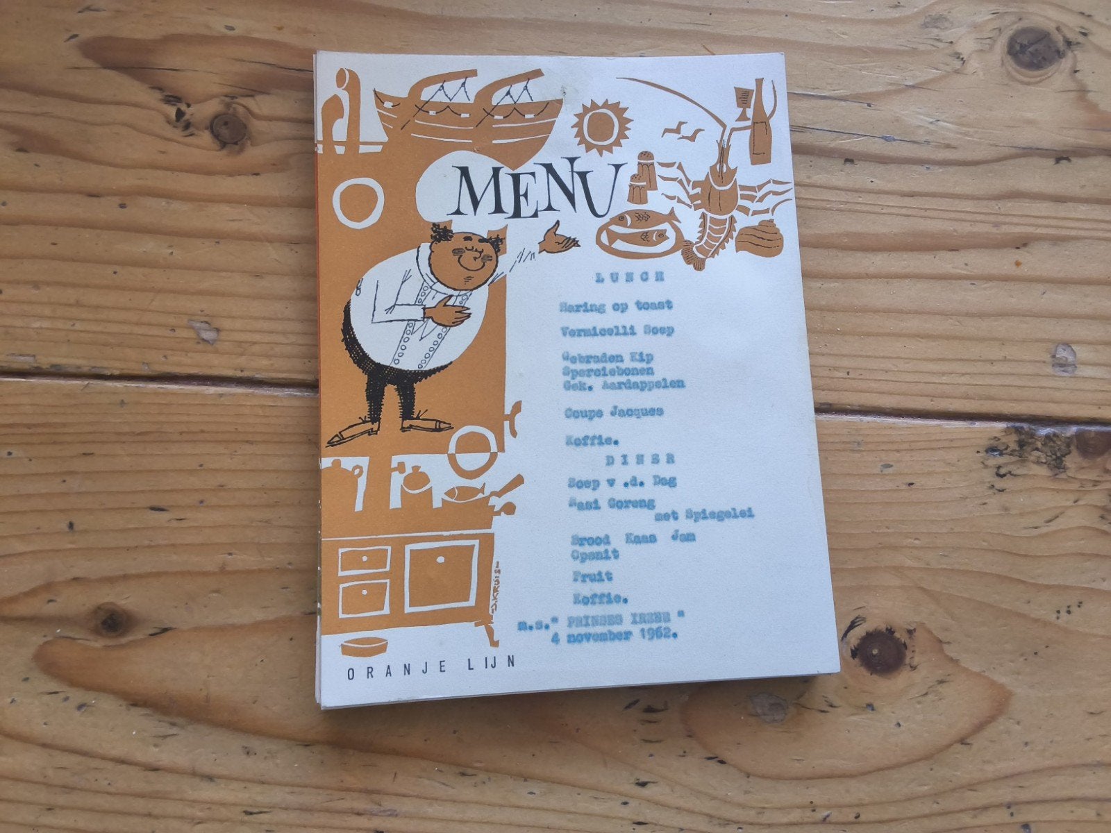 Menukaarten  M.S. "Princes Irene" november/december 1962, Gelezen, MS Oranje Lijn, Ophalen of Verzenden, Catalogus