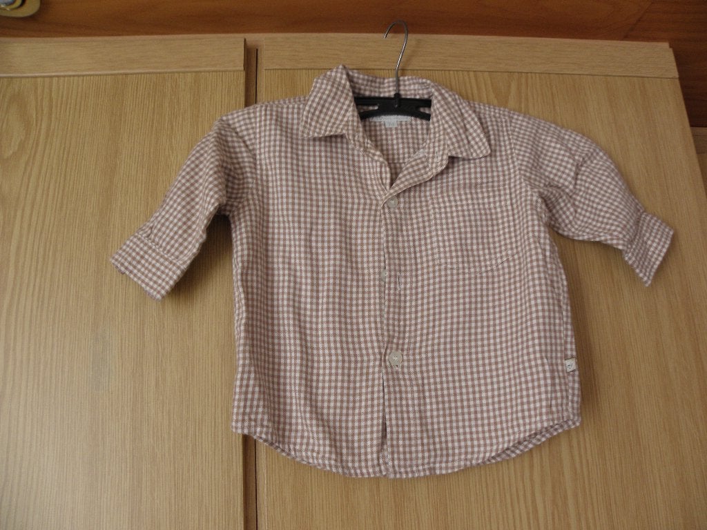 Breed bruin off white katoen geruit overhemdje H&M 74 goed, Kinderen en Baby's, Babykleding | Maat 74, Gebruikt, H&M, Ophalen of Verzenden