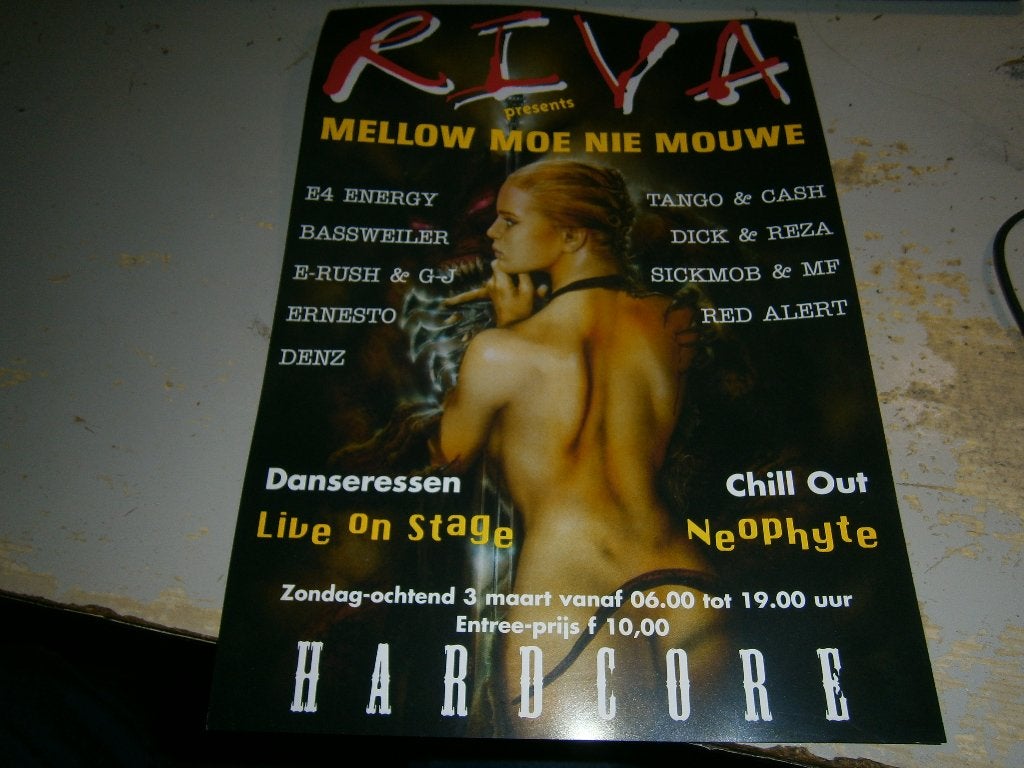 Riva flyer 1997 – Mellow Moe Nie Mouwe – early hardcore, Ophalen, A4 of kleiner, Muziek, Rechthoekig Staand