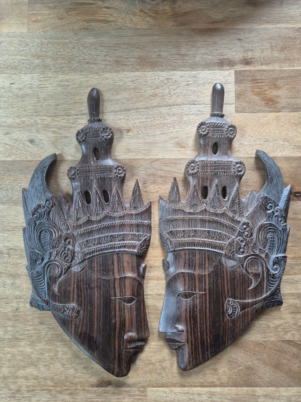 Set van 2 handgesneden Balinese wanddecoraties Rama en Sita, Hout, Wanddecoratie, Bruin, Handgemaakt