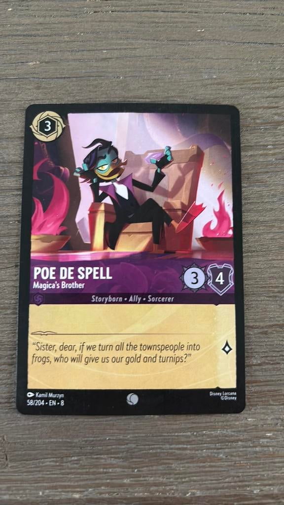 Disney Lorcana Poe de Spell brother 58-204 8JAF nonfoil, Hobby en Vrije tijd, Ophalen of Verzenden, Zo goed als nieuw, Losse kaart