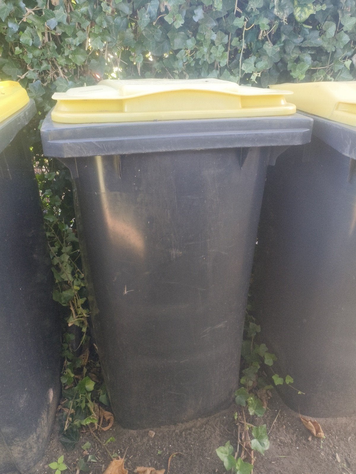 Grijze afvalcontainer met geel deksel 240 liter, Ophalen, Kunststof, Gebruikt, Met deksel