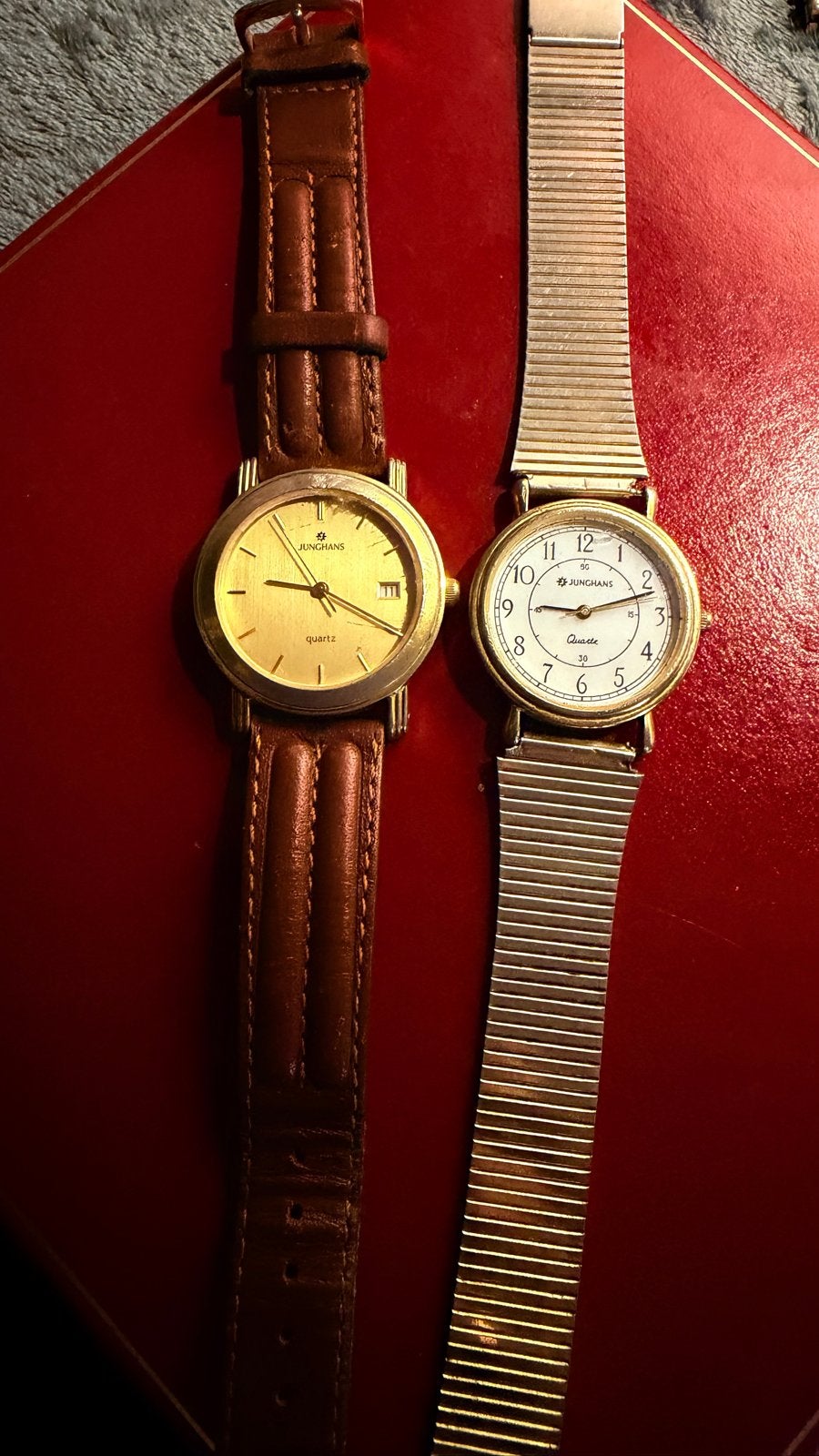 2 Junghans Quartz horloges - Goudkleurig met leren/stalen ba, Ophalen of Verzenden, Overige materialen, Polshorloge, Overige merken