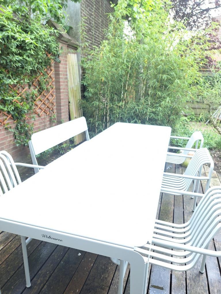 Weltevree tuintafel en tuinbank en 4 Hay dining stoelen, Ophalen, Bank, 6 zitplaatsen, Aluminium