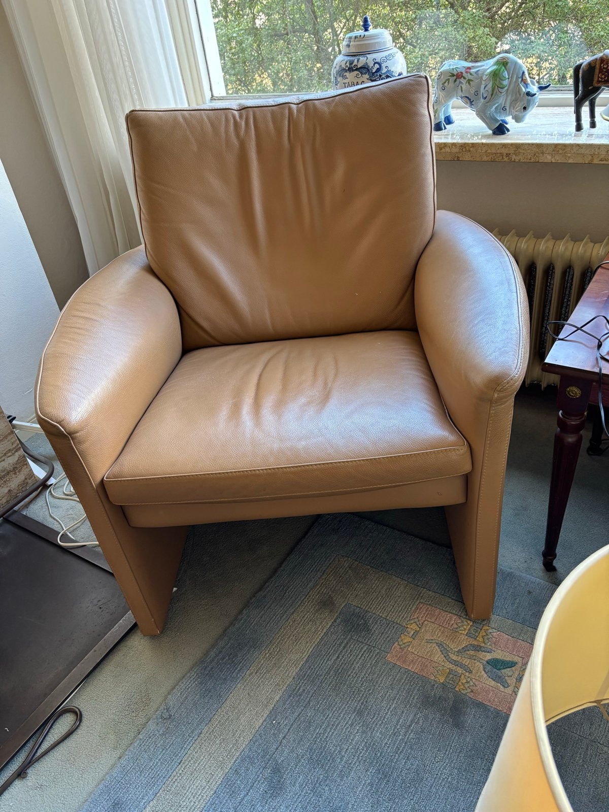 Leren fauteuil met poef - Zo goed als nieuw, Huis en Inrichting, Ophalen, Zo goed als nieuw, Leer, 75 tot 100 cm