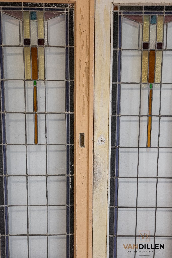 Oude set glas in lood deuren met heel mooi motief, 120 cm of meer, Binnendeur, Ophalen of Verzenden, 200 tot 215 cm
