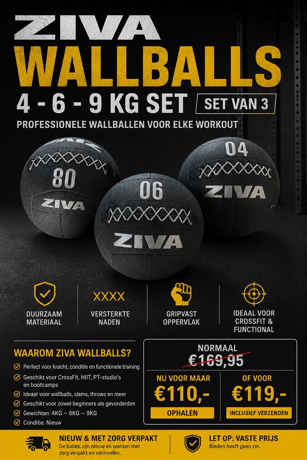 ZIVA Wallballs Set van 3 (4 kg – 6 kg – 9 kg) – NIEUW!, Sport en Fitness, Fitnessmaterialen, Nieuw, Fitnessbal, Armen, Benen, Borst