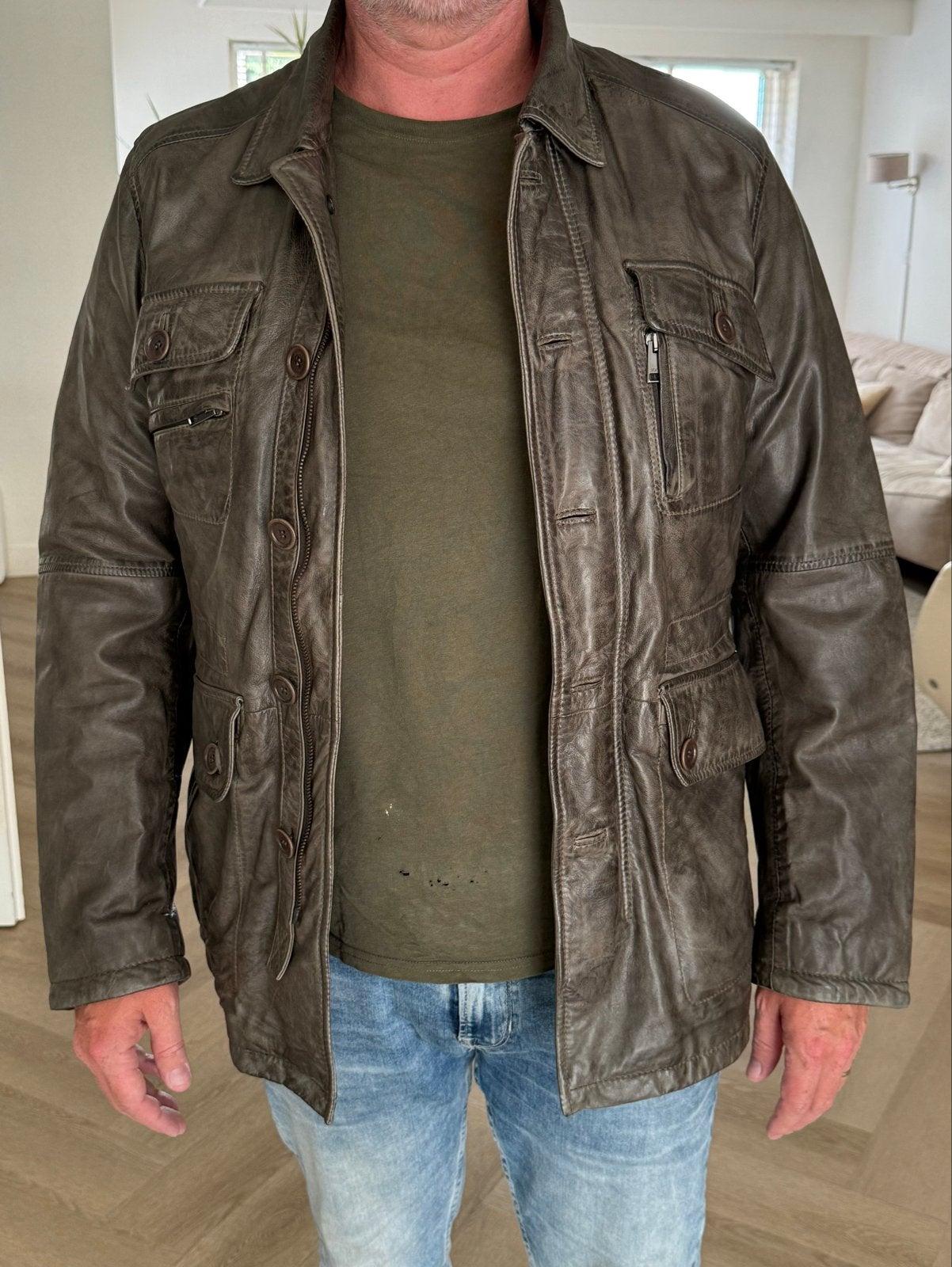 JOOP! Kalfslederen herenjas, legergroen, maat L, Ophalen of Verzenden, Zo goed als nieuw, Maat 52/54 (L), Groen