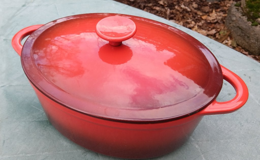 Prachtig kersenrode gietijzer pan druipdeksel 27 cm (G105), Gebruikt, Ophalen of Verzenden, Met handvatten, Overige merken