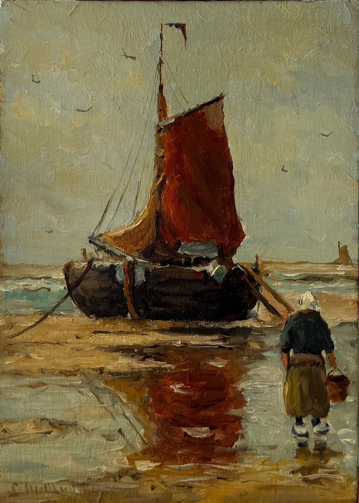 Bomschuit en vissersvrouw op het strand. G G Munthe, Impressionistisch, Ophalen of Verzenden, Olieverf, Gesigneerd