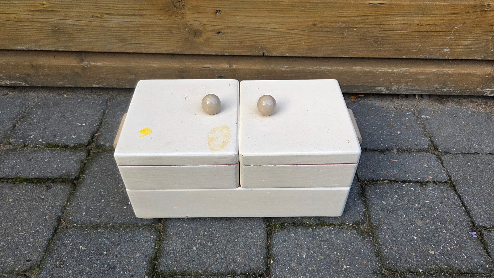 Vintage houten naaidoos met roze interieur, Ophalen