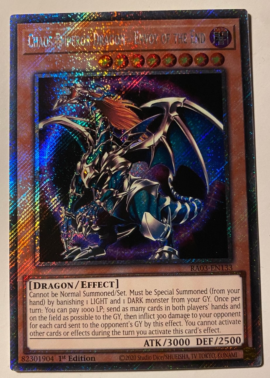 Yu-Gi-Oh! Chaos Emperor Dragon - Envoy RA03 1st edition !, Ophalen of Verzenden, Zo goed als nieuw, Losse kaart, Foil