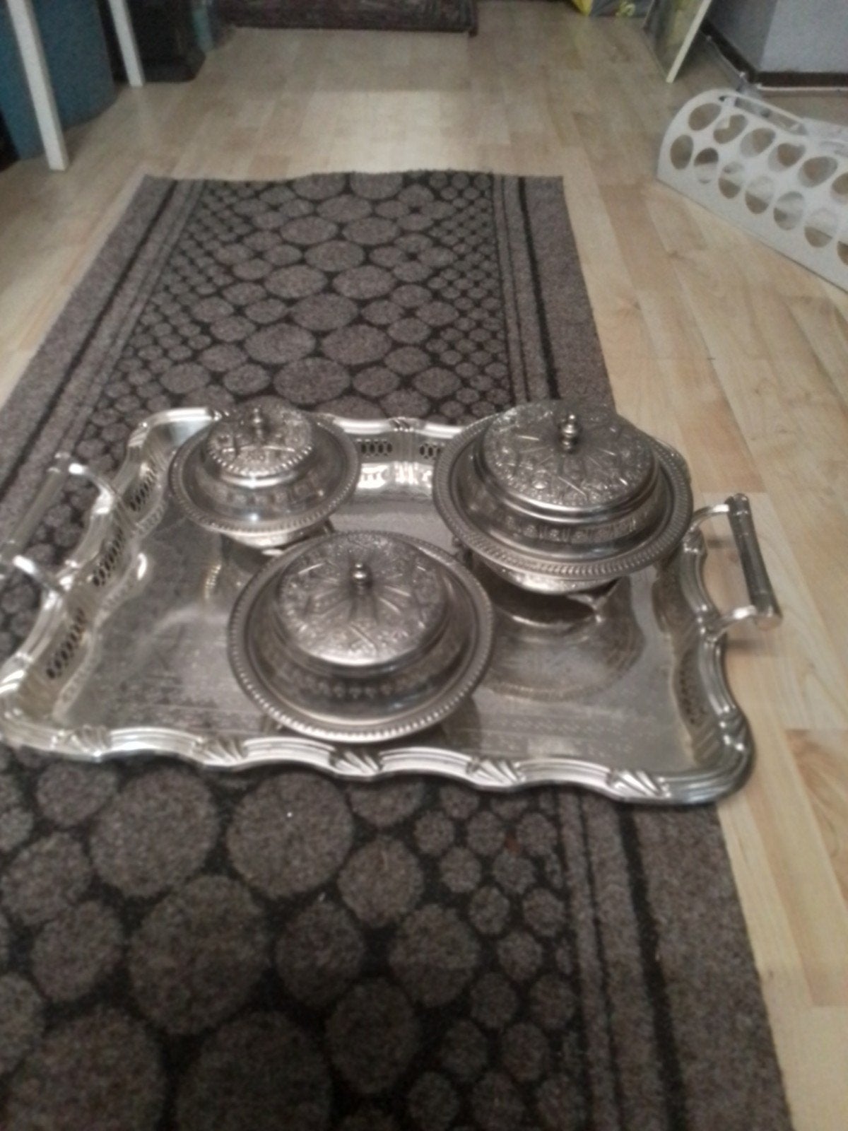 Zilverkleurig dienblad met 3 schaaltjes, 60x40 cm, Ophalen of Verzenden