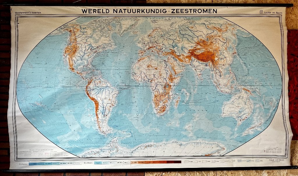 Grote wereldkaart met zeestromen, Antiek en Kunst, Antiek | Schoolplaten, Ophalen, Aardrijkskunde