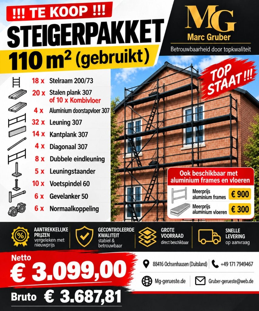 Gebruikt  Steigerpakket 110 m² – Zeer goede staat, Doe-het-zelf en Verbouw, Ophalen of Verzenden, Gebruikt, Overige typen, 5 meter of hoger